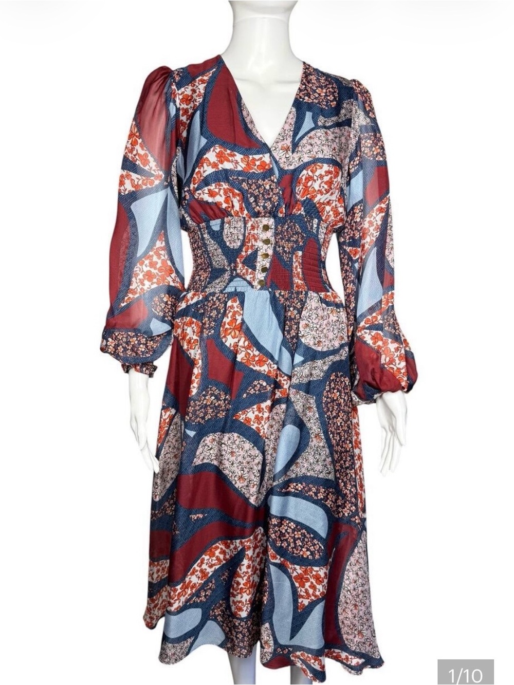 Shoshana Silk Patchwork Midi Dress with small flaw